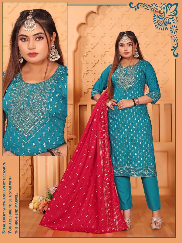 Aakansha Vol 1 Rayon Foil Printed Kurti Pant With Dupatta Collection wholesale manufacturers in Surat