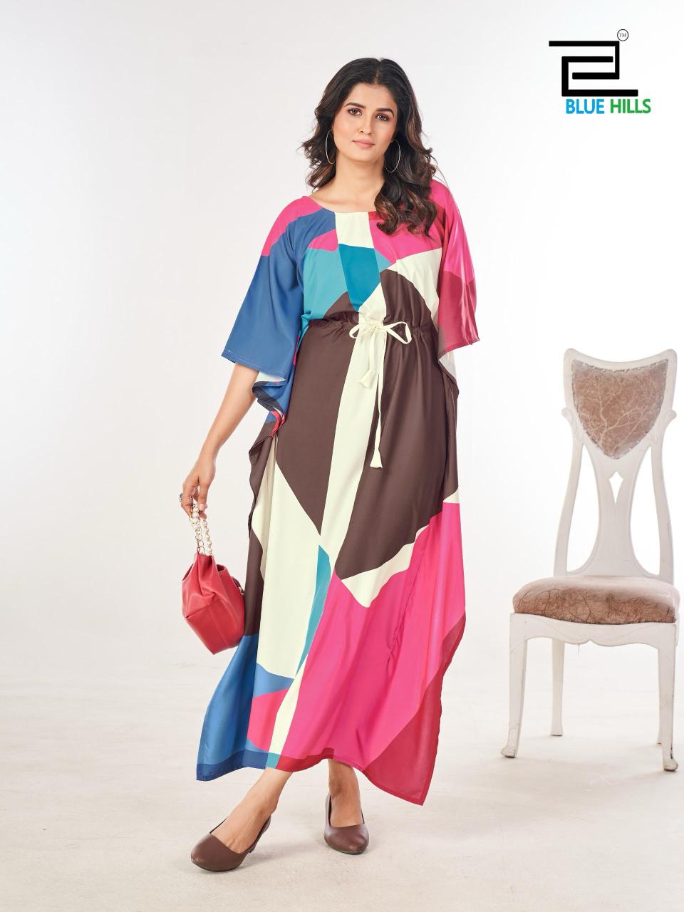 Blue Hills Ferris Wheel Crepe Printed Fancy Kaftan Collection wholesalers of Kurti in Surat