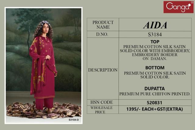 Ganga Aida Cotton Silk Satin Fancy Salwar Suit manufacturers of salwar suits in Surat
