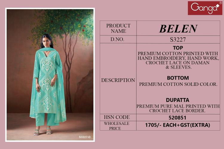 Ganga Belen Cotton Printed Embroidered Salwar Suit manufacturers of wholesale salwar suits in Surat
