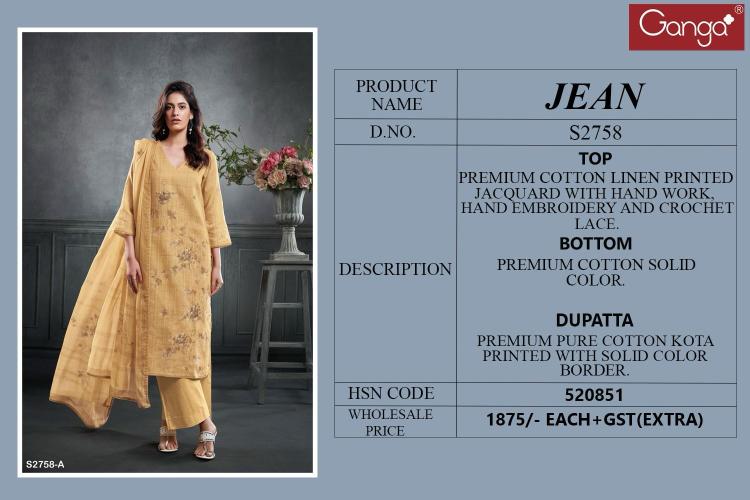 Ganga Jean Cotton Linen Printed Salwar Suits Collection in Surat