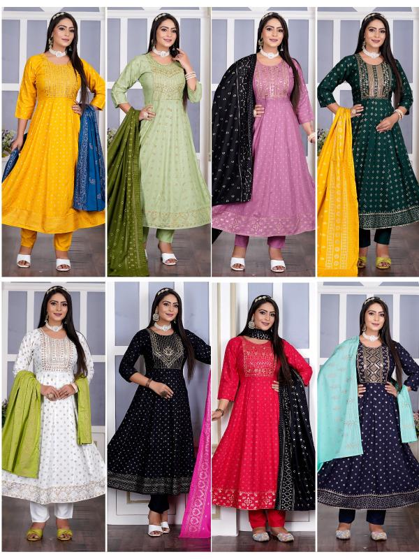 Kapda Wholese Akira Plus Vol 1 Rayon Foil Printed Kurti Pant With Dupatta wholesale manufacturers in Surat