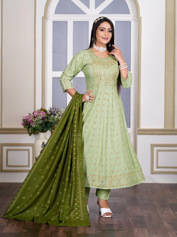 Kapda Wholese Akira Plus Vol 1 Rayon Foil Printed Kurti Pant With Dupatta wholesale manufacturers in Surat