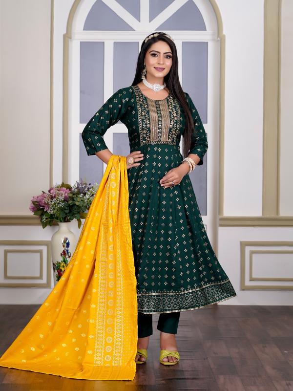 Kapda Wholese Akira Plus Vol 1 Rayon Foil Printed Kurti Pant With Dupatta wholesale manufacturers in Surat