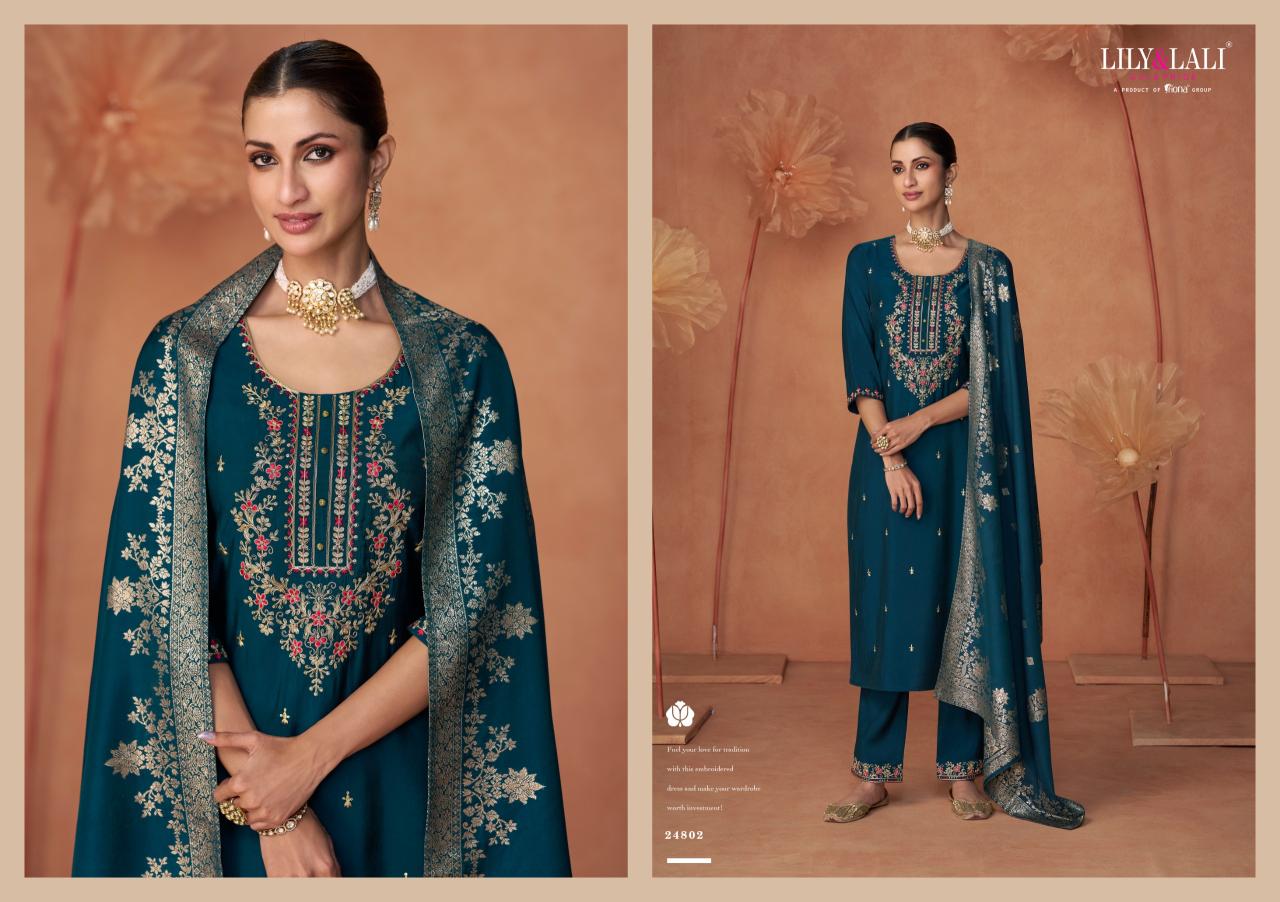 Lily And Lali Shiny Viscose Embroidered Top Bottom With Dupatta Collection wholesale kurti India