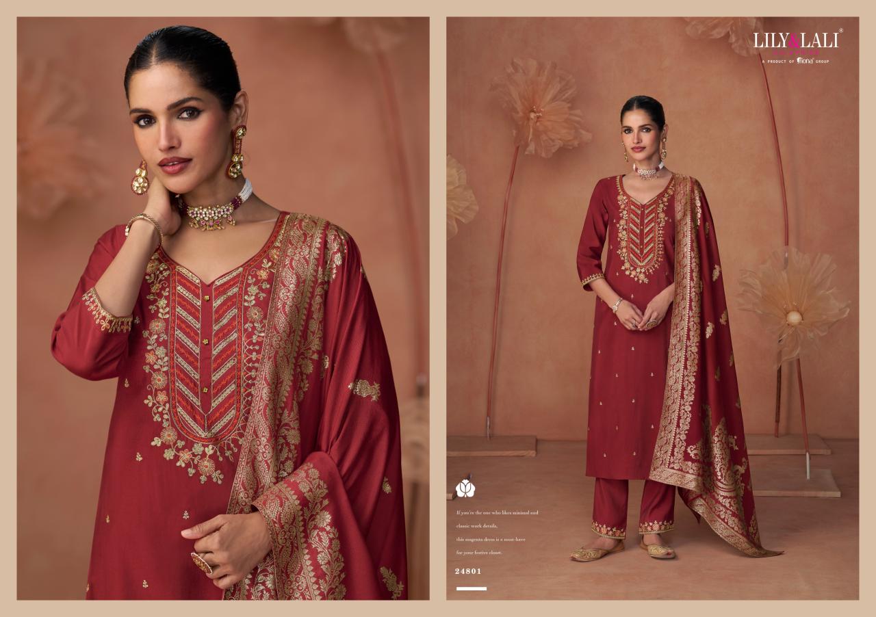 Lily And Lali Shiny Viscose Embroidered Top Bottom With Dupatta Collection wholesale kurti India