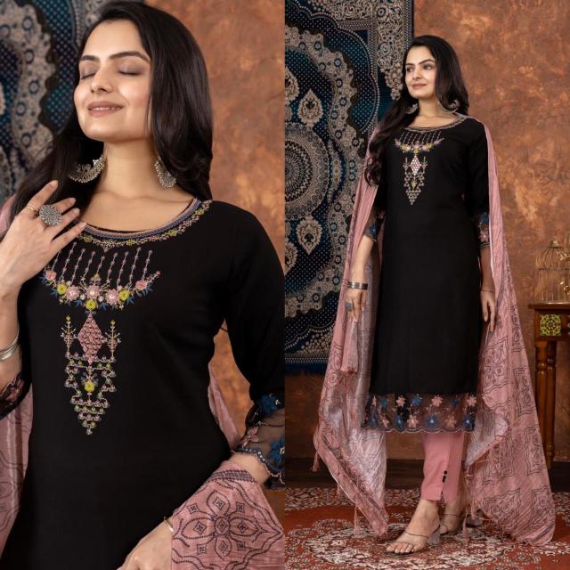 Rajans Vol 1 Rayon Embroidered Kurti Pant With Dupatta Collection wholesaler of Kurti in Surat