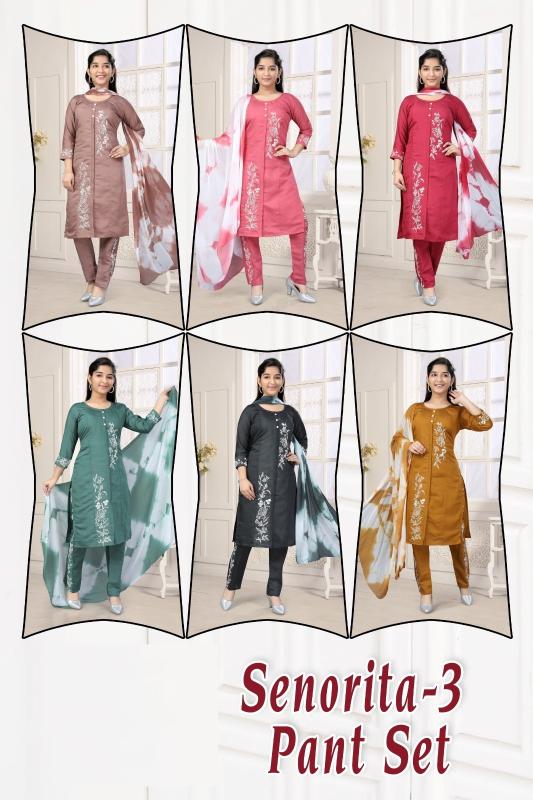 Senorita 3 Pant Set Roman Silk Kurti Pant With Dupatta wholesalers in Surat