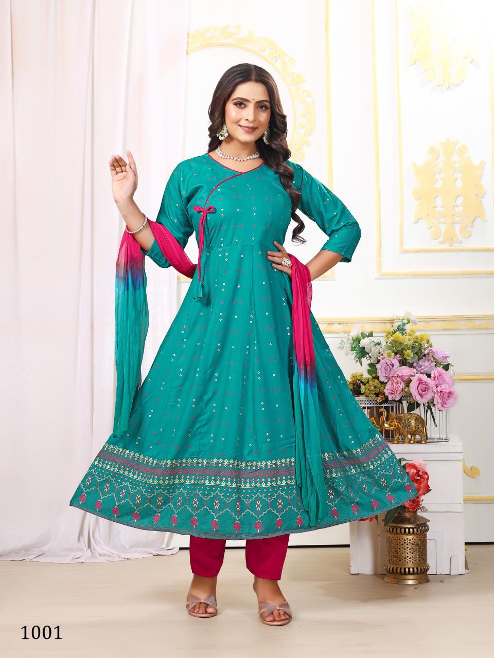 Aashique Plus Vol 1 Rayon Foil Printed Kurti Pant With Dupatta manufacturers of Wholesale Kurti In Surat