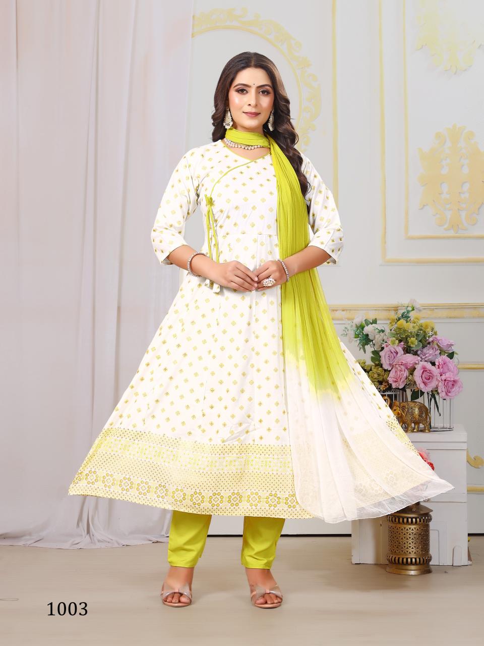 Aashique Plus Vol 1 Rayon Foil Printed Kurti Pant With Dupatta manufacturers of Wholesale Kurti In Surat