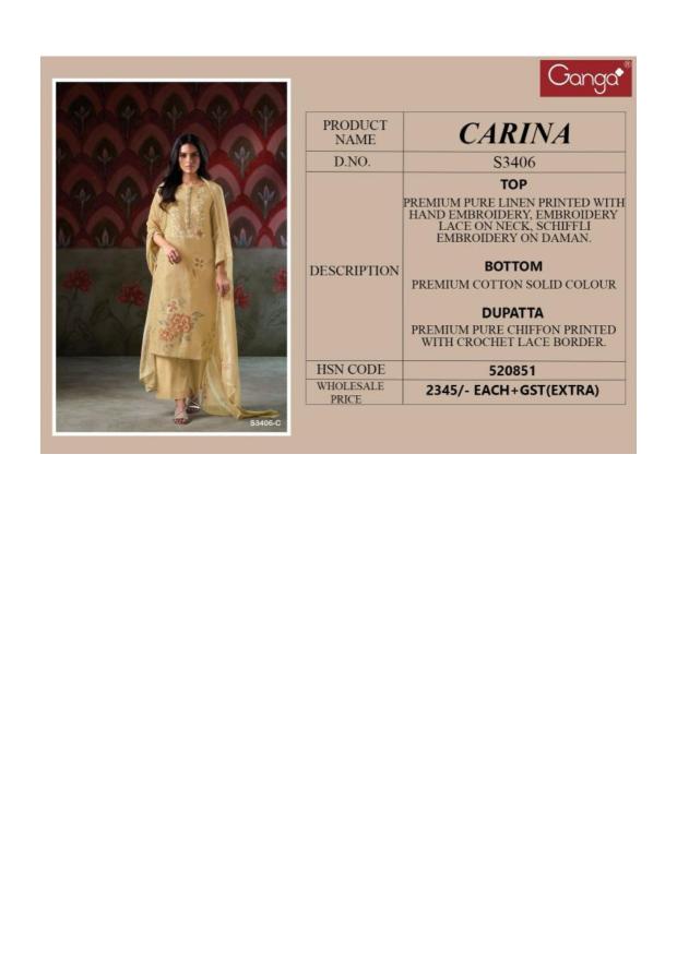 Ganga Carina 3406 catalog wholesale unstitched salwar kameez suppliers in Surat