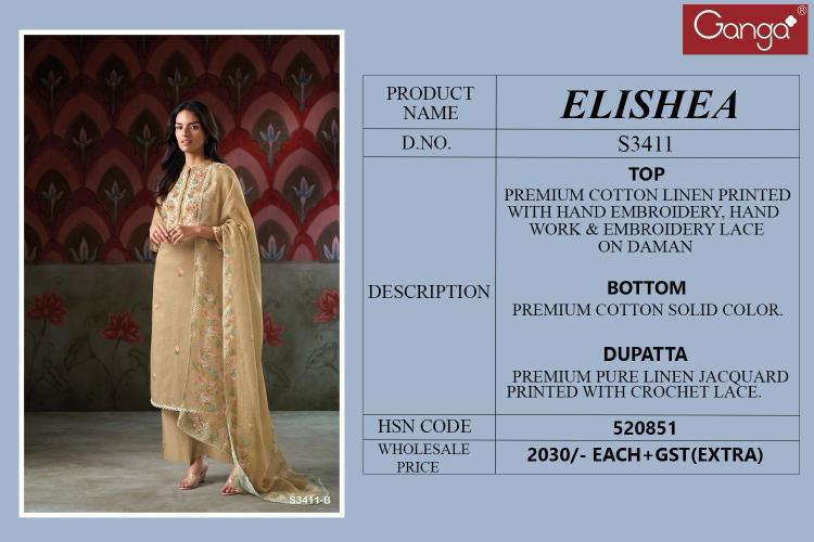 Ganga Elishea Cotton Linen Embroidered Salwar Suit Collection wholesale Salwar Suits manufacturers in Surat