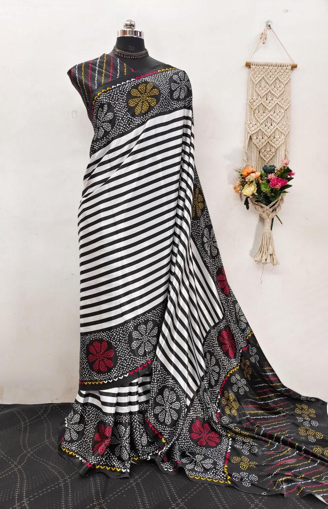Ajrakh printed semi gajji Printed saree wholesale