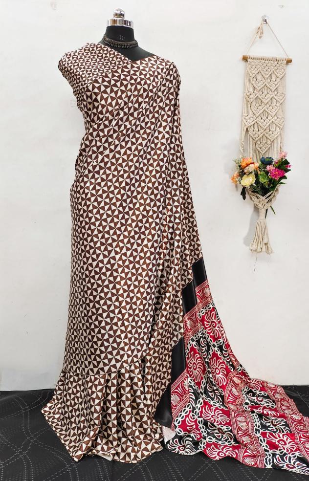 Ajrakh printed semi gajji Printed saree wholesale