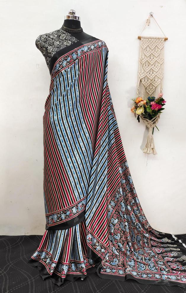 Ajrakh printed semi gajji Printed saree wholesale