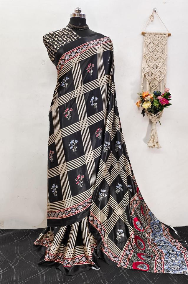 Ajrakh printed semi gajji Printed saree wholesale