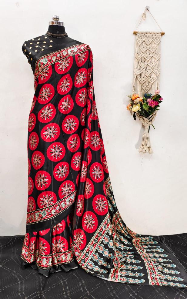 Ajrakh printed semi gajji Printed saree wholesale