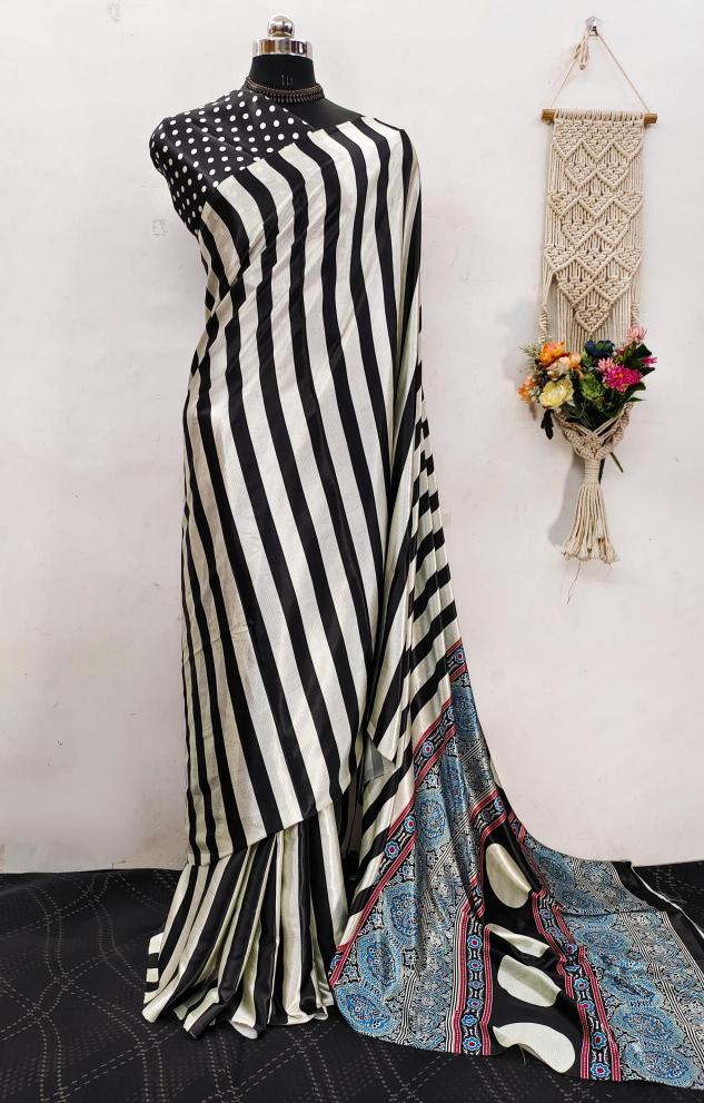 Ajrakh printed semi gajji Printed saree wholesale
