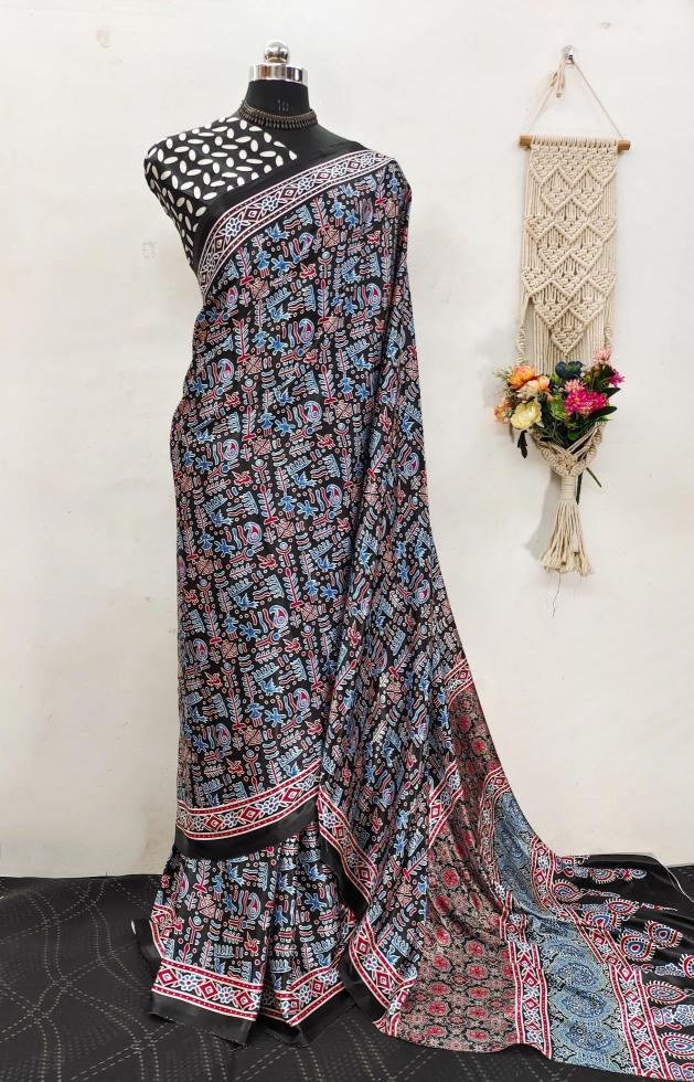 Ajrakh printed semi gajji Printed saree wholesale