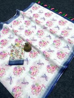 GC soft lenin with silver zari patti Saree suppliers in Surat