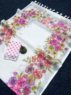GC soft lenin with silver zari patti Saree suppliers in Surat
