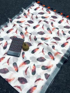 GC soft lenin with silver zari patti Saree suppliers in Surat