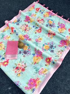 GC soft lenin with silver zari patti Saree suppliers in Surat
