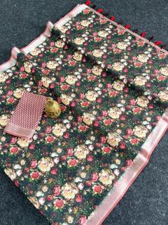 GC soft lenin with silver zari patti Saree suppliers in Surat