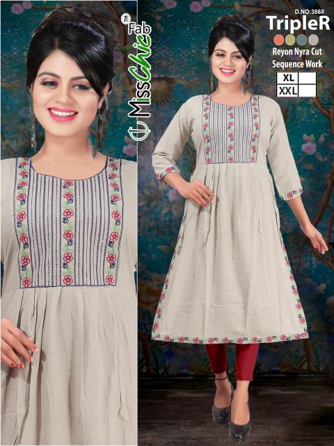 TripleR rayon embroidery indian kurti size chart