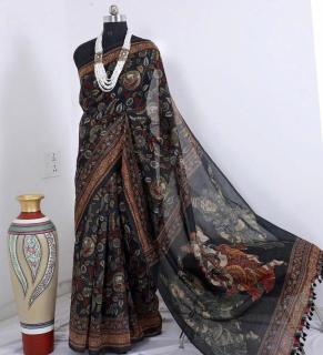 Akshara linen digital kalamkari print Wholesale Saree Shops in Ahmedabad