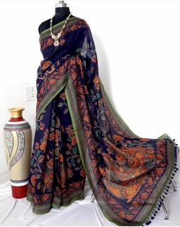 Akshara linen digital kalamkari print Wholesale Saree Shops in Ahmedabad