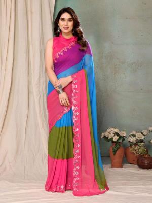 GC bright georgette with mirror work Rajasthani sarees wholesale in Kolkata