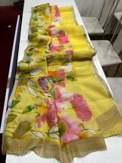 Handloom linen floral digital print  Latest saree collection wholesale