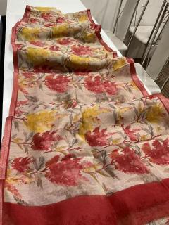 Handloom linen with floral digital print  Wholesale saree manufacturers