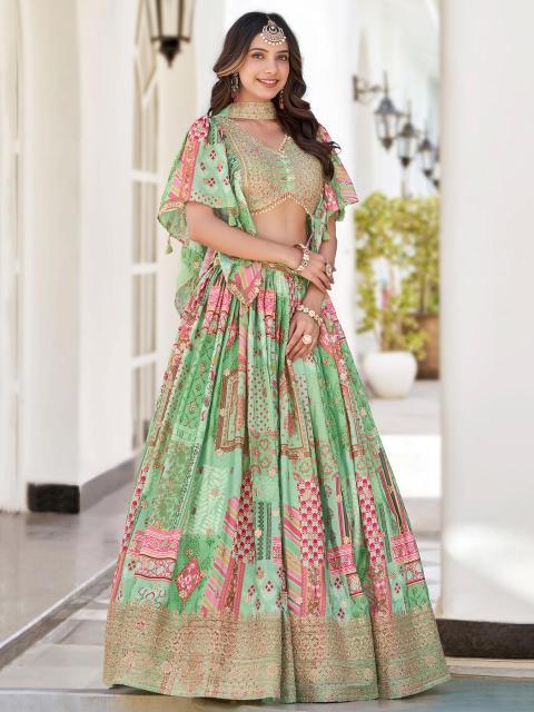 Multicolor Chinnon Silk Green Lehenga choli online shopping