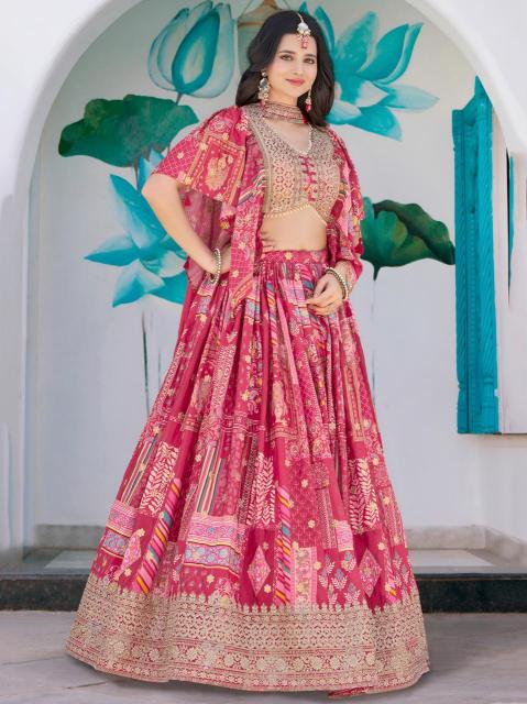 Multicolor Chinnon Silk Pink Fancy lehenga choli