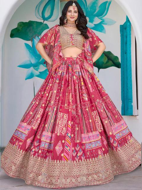Multicolor Chinnon Silk Pink Fancy lehenga choli