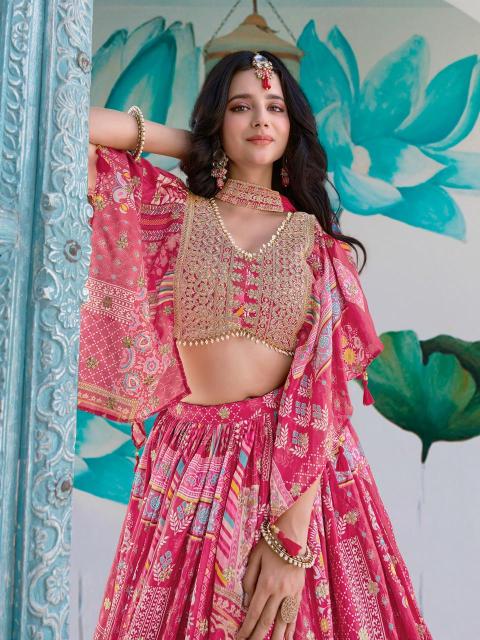 Multicolor Chinnon Silk Pink Fancy lehenga choli