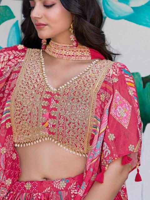 Multicolor Chinnon Silk Pink Fancy lehenga choli