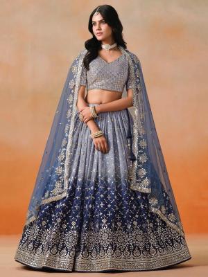 Ombre WEDDING Georgette NavyBlue Handmade lehenga choli manufacturers