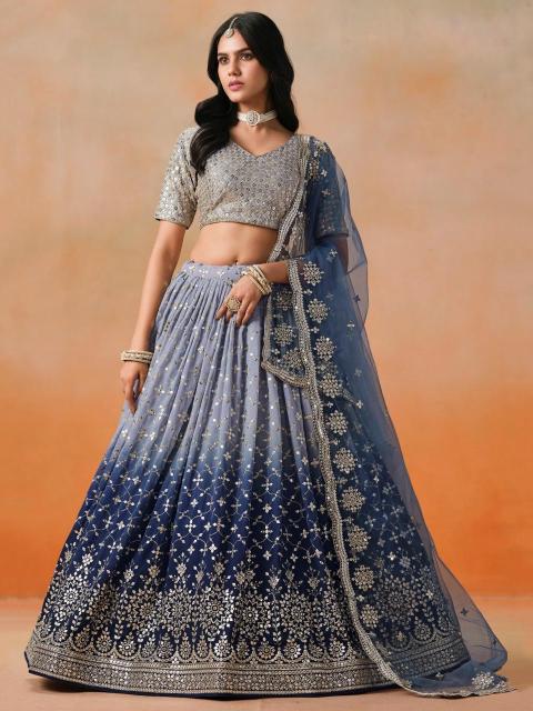 Ombre WEDDING Georgette NavyBlue Handmade lehenga choli manufacturers