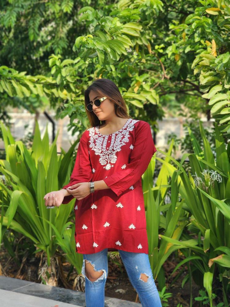 Shree salasar reyon embroidery work short tops Hydranad Kurti price