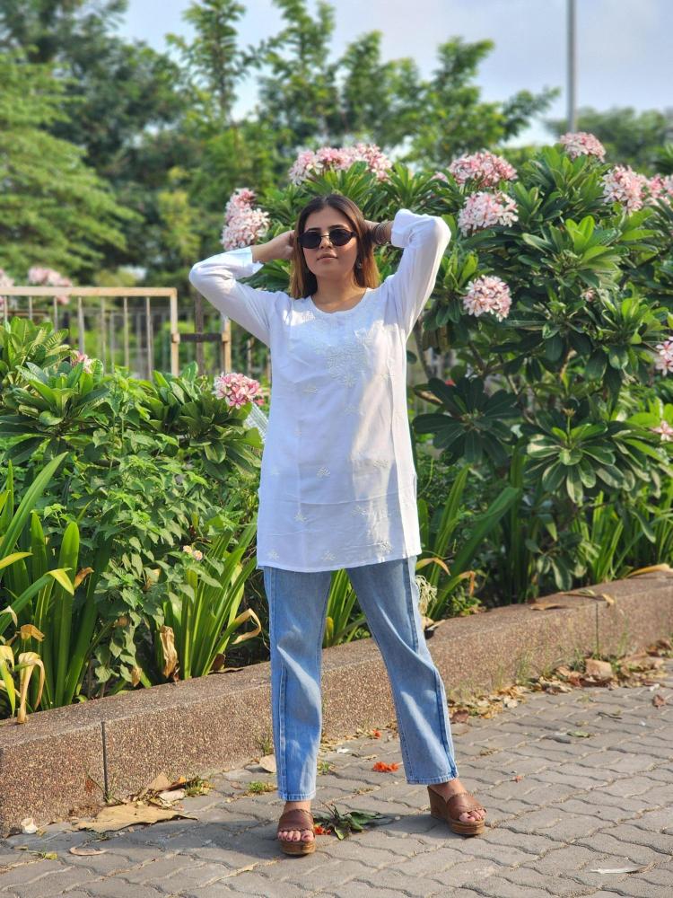 Shree salasar reyon embroidery work short tops Hydranad Kurti price