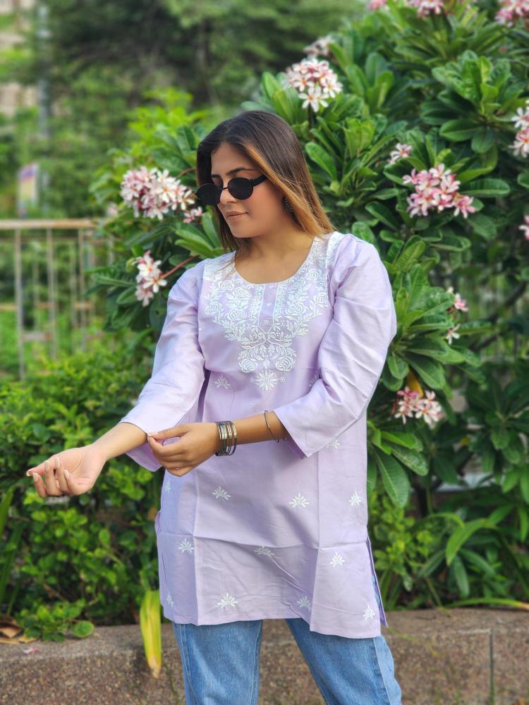 Shree salasar reyon embroidery work short tops Hydranad Kurti price