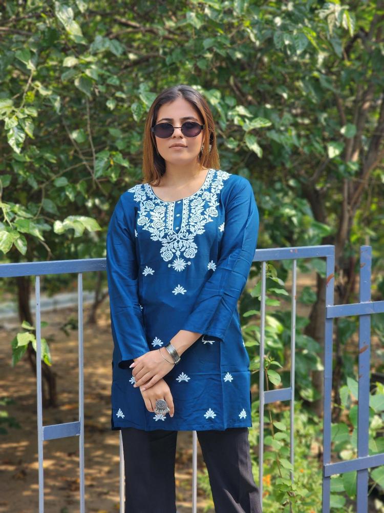 Shree salasar reyon embroidery work short tops Hydranad Kurti price