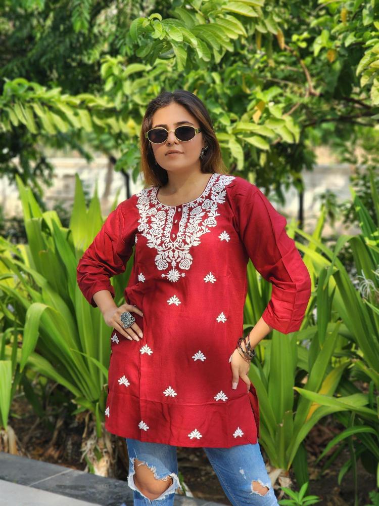 Shree salasar reyon embroidery work short tops Hydranad Kurti price