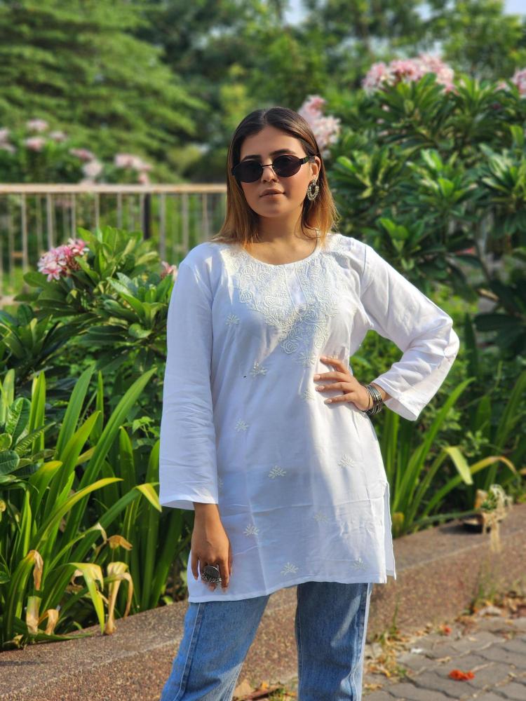 Shree salasar reyon embroidery work short tops Hydranad Kurti price