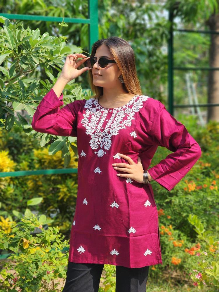 Shree salasar reyon embroidery work short tops Hydranad Kurti price
