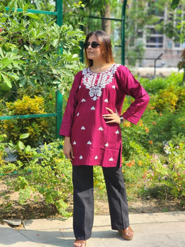 Shree salasar reyon embroidery work short tops Hydranad Kurti price