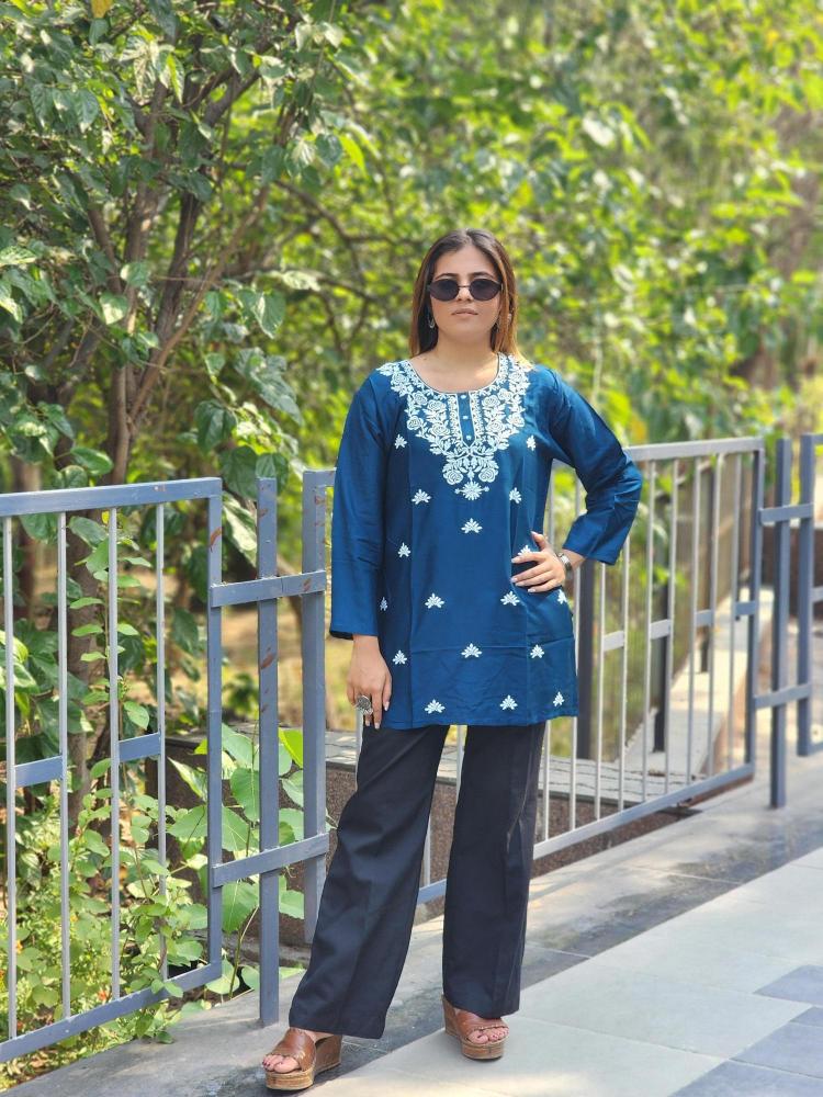 Shree salasar reyon embroidery work short tops Hydranad Kurti price